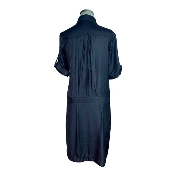 Ulmia Staff Influx Button Front Wrap Dress M Black Satin Short Sleeve 39" VG - Picture 6 of 8